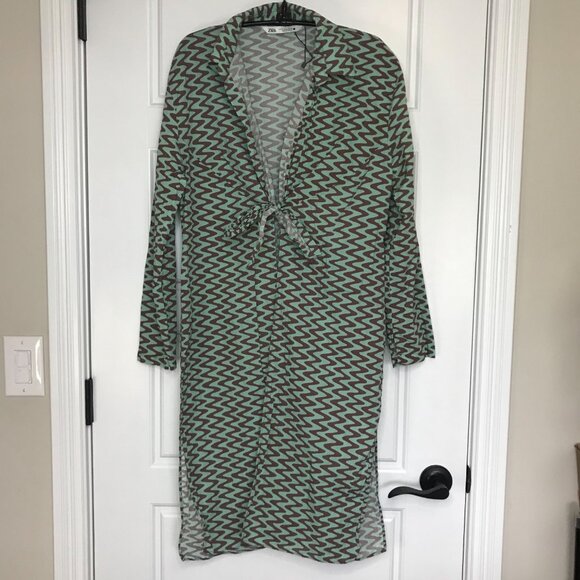 Zara Women's The Lissie Shirt Size Medium Swim Cover Up Tie Front Mint Brown NEW - Picture 5 of 12